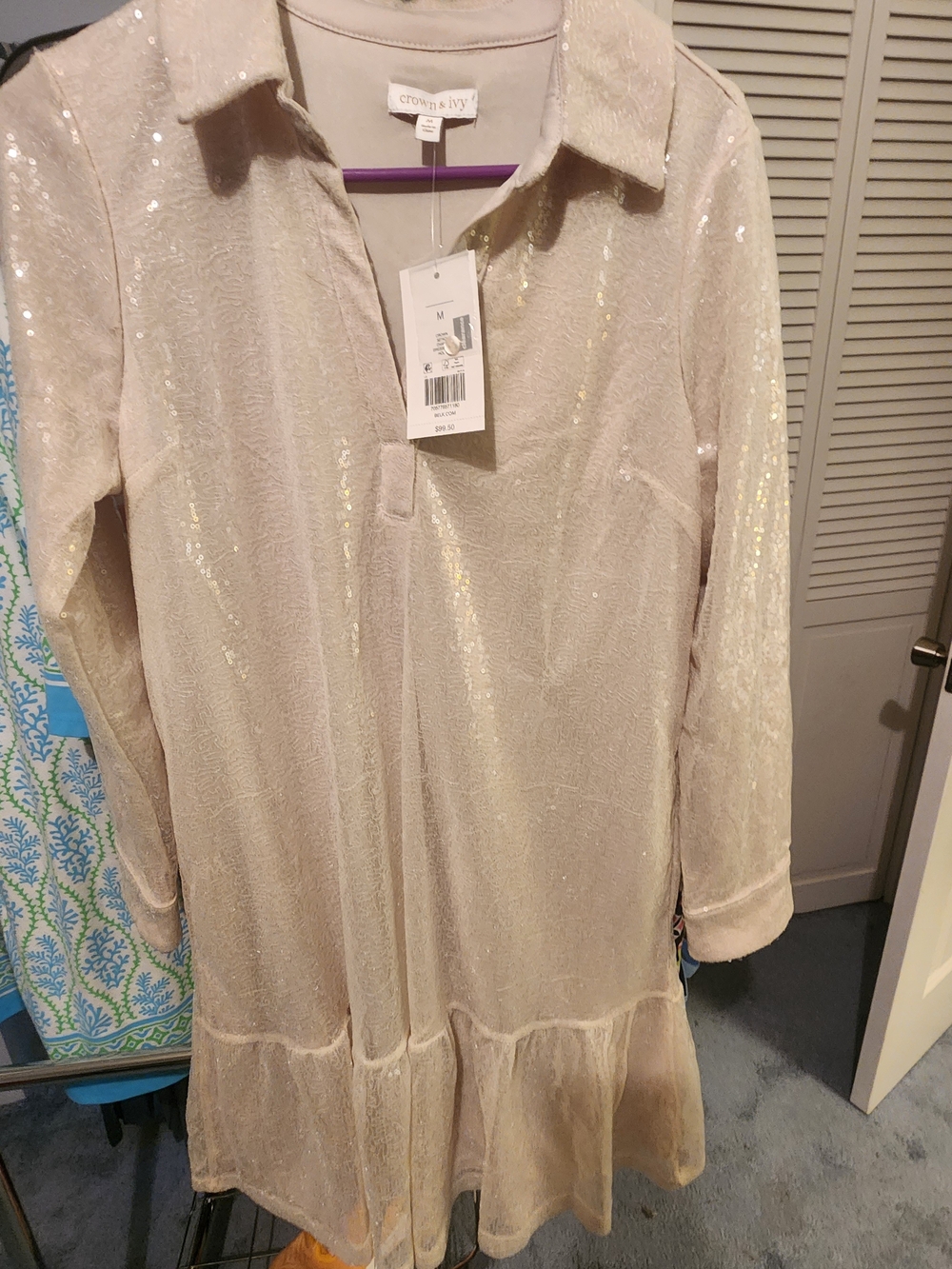crown & ivy Champagne Sequin Collared Tunic Dress